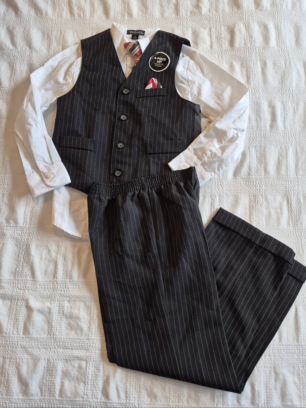 George boys size 6 4 piece shirt, pants, vest & tie, black with white red NWT